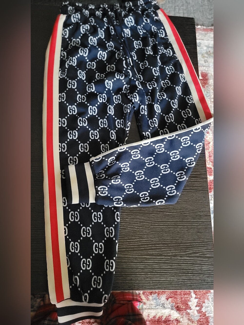 Gucci Navy GG Logo Track Pants with Red & White Stripe